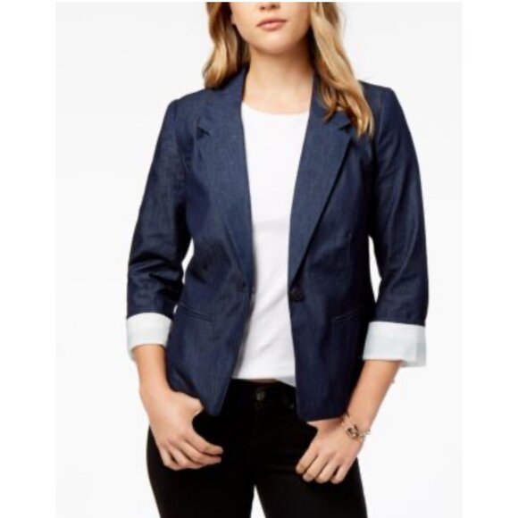 Trina Turk Blue Denim Jacket 6 Small Cotton Rolled Cuff Lightweight - Picture 1 of 9